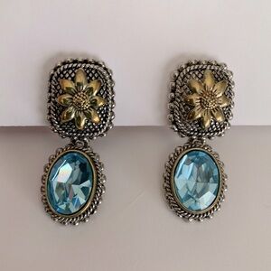 Vintage Clip on Light Blue Stone Earrings Drop Jewel Gold Flower Pewter Silver